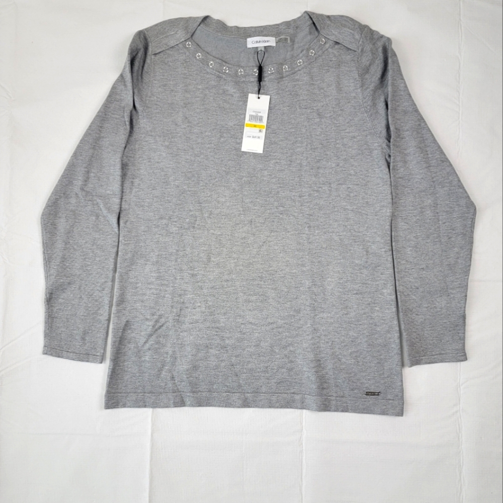 CALVIN KLEIN Womens Gray Heather Long Sleeve Jewel Neck Top Size: M